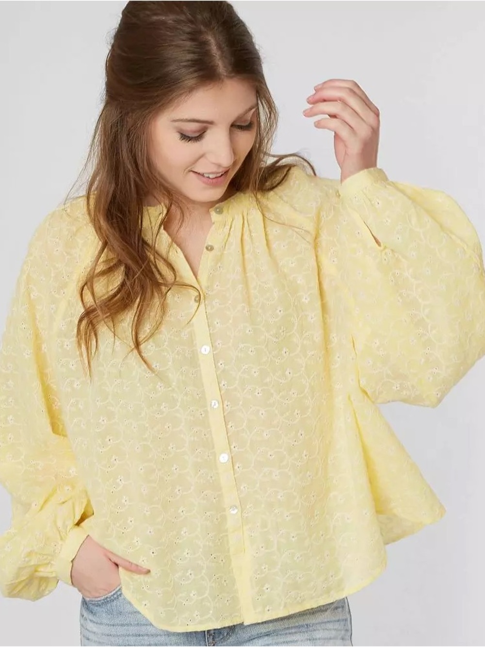 Free People Down From The Clouds Eyelet Peasant Blouse M Pale Yellow Cottagecore